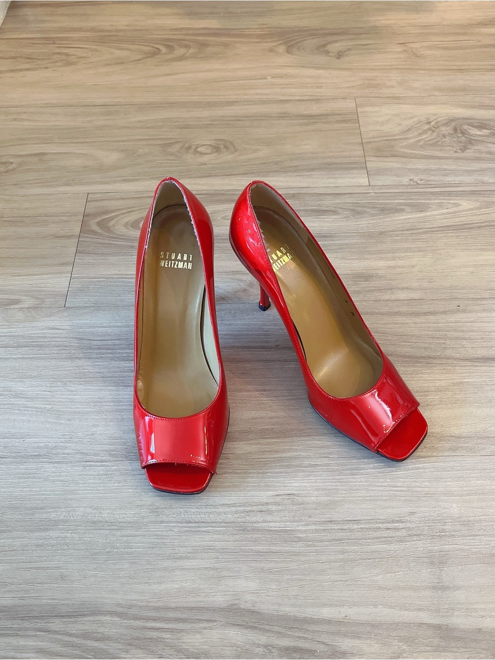 Stuart Weitzman Candy Apple Red Patent Leather Peep-Toe Heels